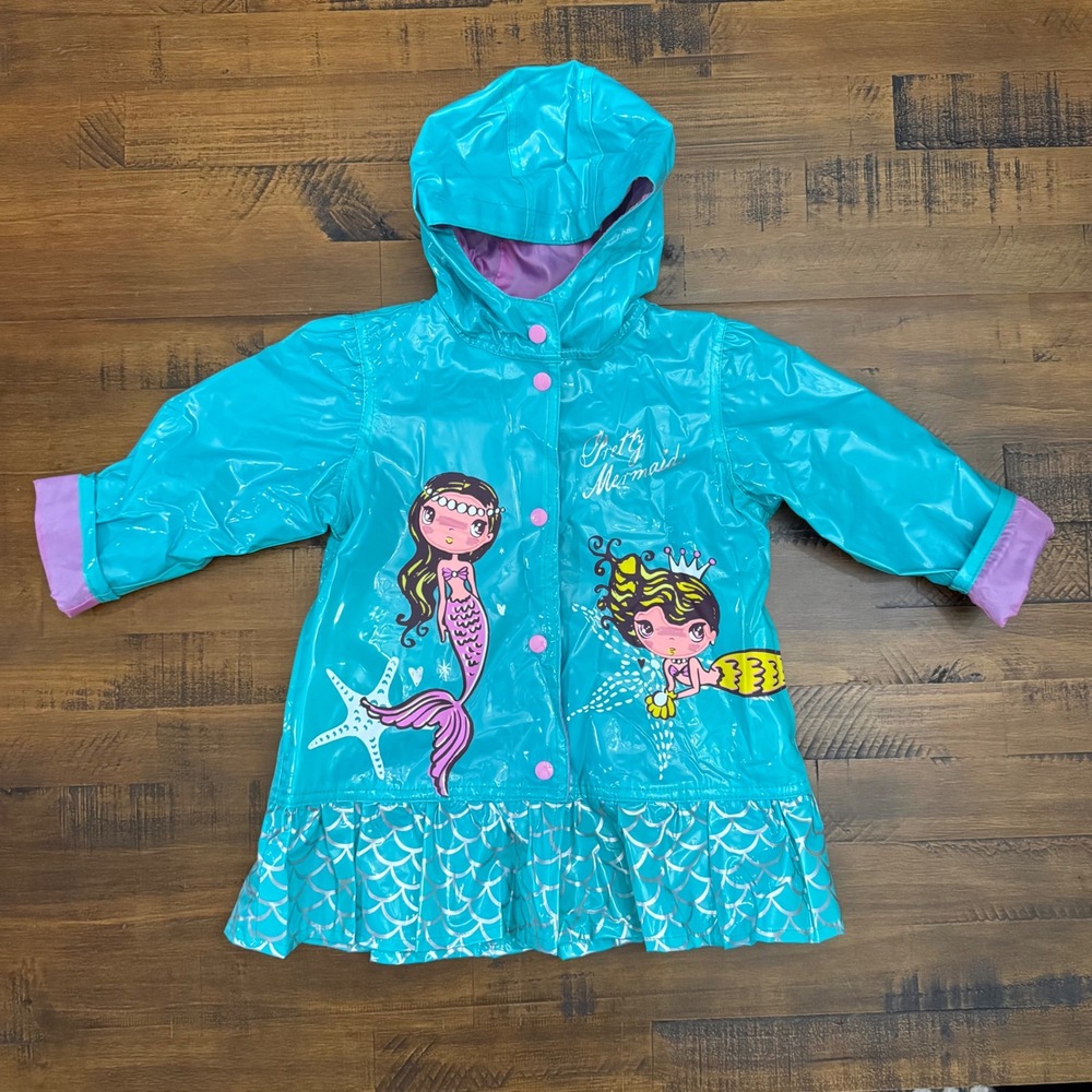 Wippette Kids Mermaid Raincoat Hooded Ruffle Hem Aqua Pink‎ Girls Rain Coat 3T